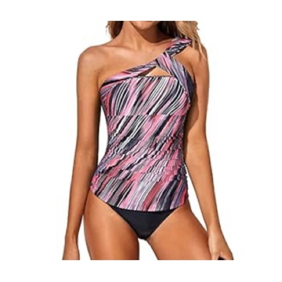 Other - One Shoulder Pink and Black Tankini